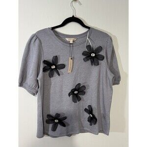 mesh+love Gray Black Knit Floral Crew Neck Short Sleeve Blouse Women's M
